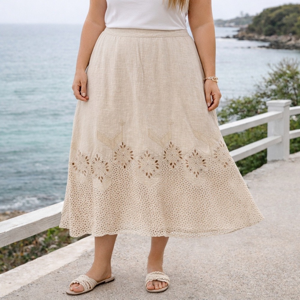 Chico's Beige Eyelet Midi Skirt